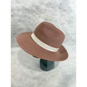 Nordstrom Womens Mauve Pink Straw Fedora Sun Hat Cream Ribbon One Size
